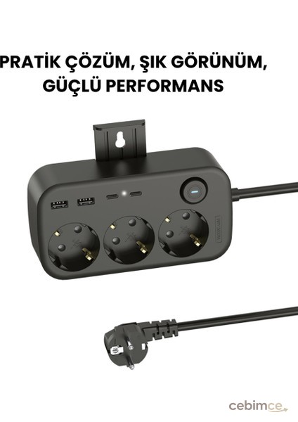 3’lü Akım Korumalı Priz | 2 USB + 2 Type-C Girişli | Anahtarlı ve Duvara Monte Edilebilir Uzatma Kablosu – Siyah