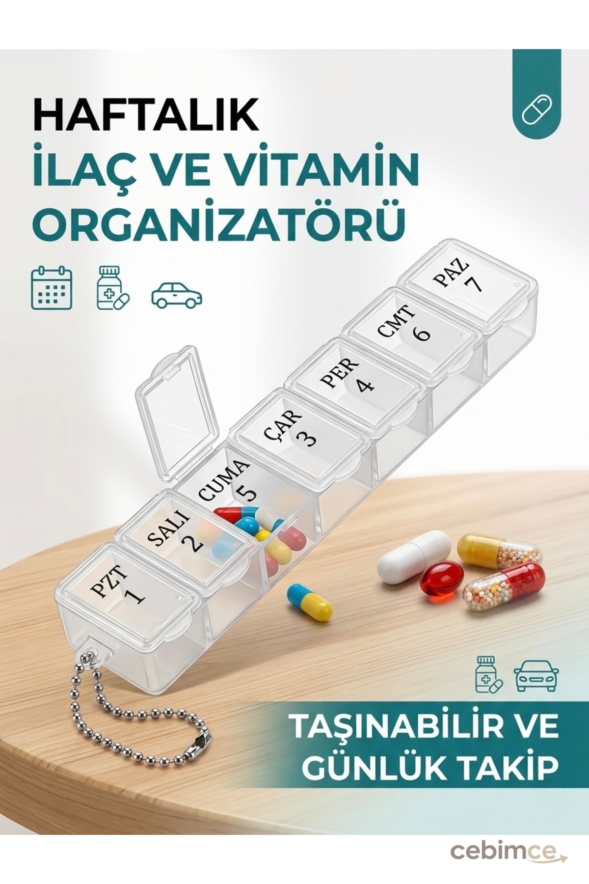 Keskon Haftalık İlaç ve Vitamin Organizatörü – 7 Günlük Hap Kutusu | Günlük Bölmeli, Taşınabilir,