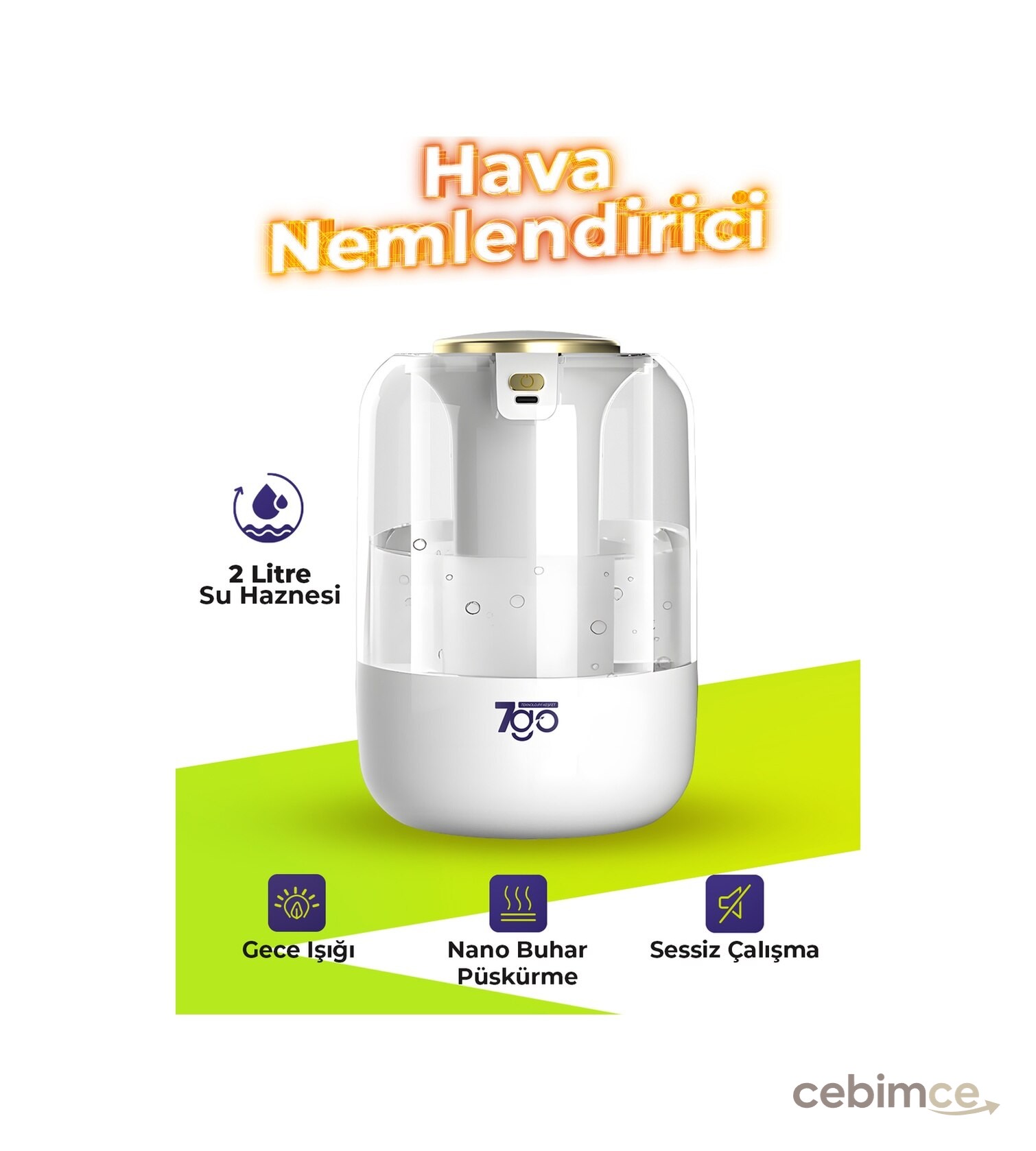 7go 7g-uhd1 Ultrasonik Çift Çıkışlı Hava Nemlendirici 2l Su Kapasiteli, Usb-c, Led Işıklı, Sessiz