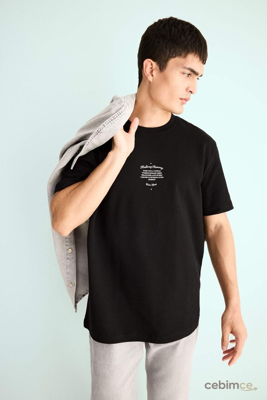 Defacto Regular Fit Bisiklet Yaka Baskılı Kısa Kollu Tişört F3475ax25aubk81 Siyah