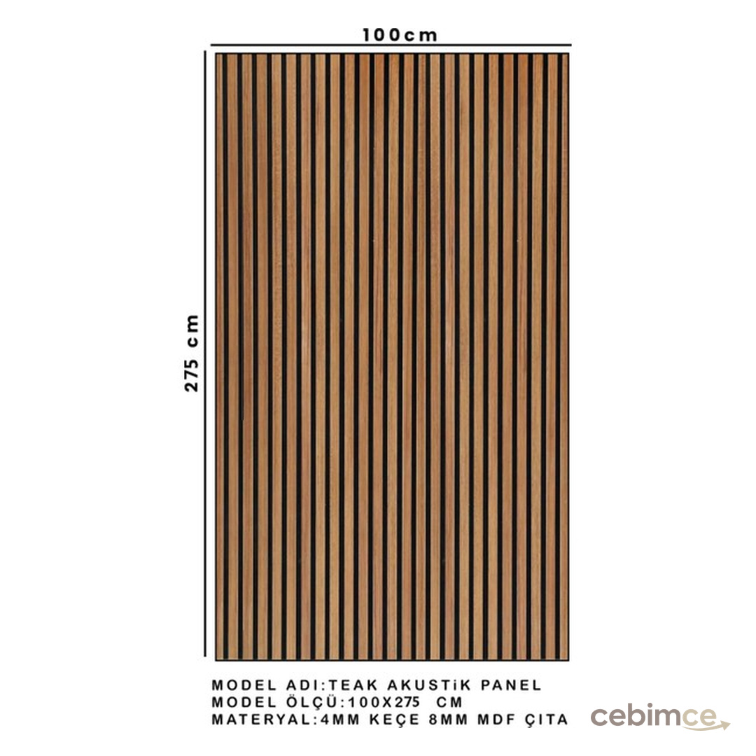 Mdf Ahşap Akustik Duvar Paneli - 100 x 275 cm - Teak