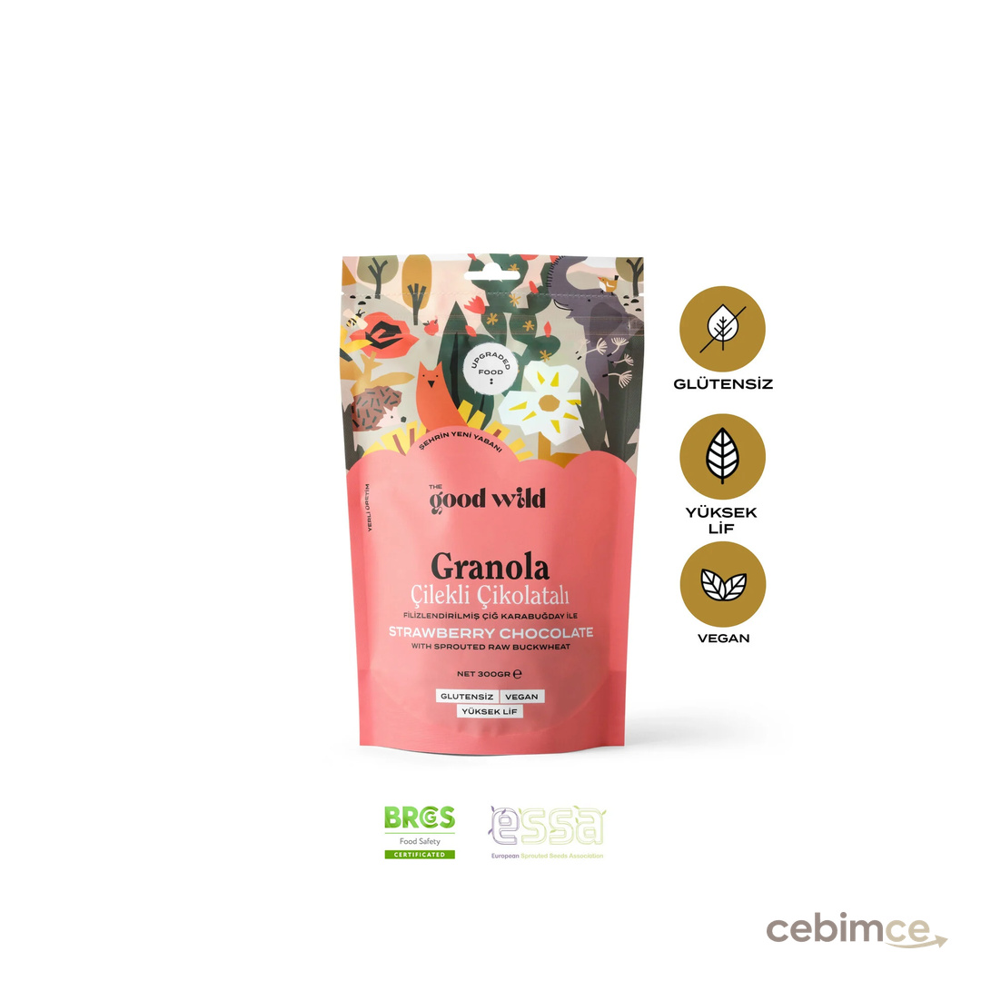THE GOOD WİLD Çilekli Çikolatalı Granola | Glutensiz Vegan Atıştırmalık | Kurutulmuş Çilek | Yüksek Lif | 300 Gr