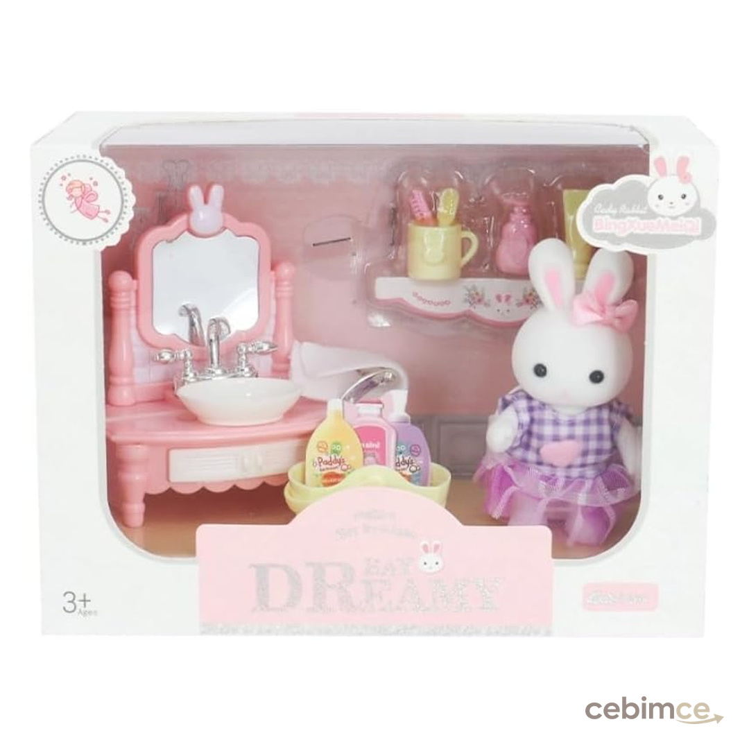 Mega Oyuncak 6621 5 Bay Dream Mini Tavşan Lavabo Seti Oyuncak Figür Banyo Aksesuarları 3 Yaş Üzeri