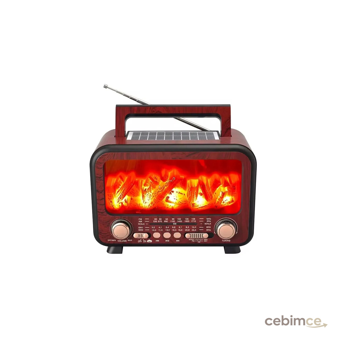 ataşbey Rt-754 Şömine Görünümlü Solar Güneş Enerji Ahşap Nostalji Bluetooth Usb Sd Mp3 Radyo Müzik Kutusu