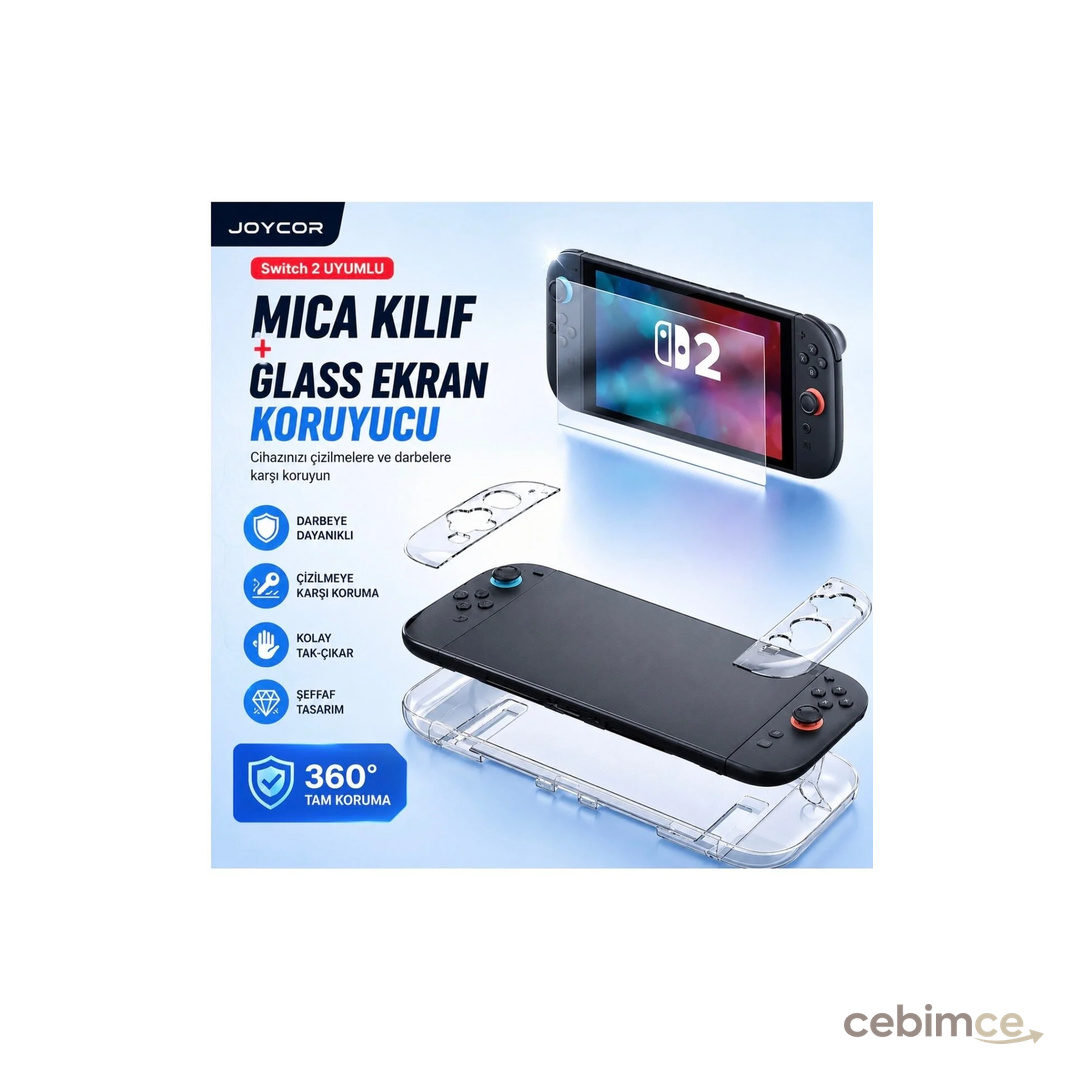JOYCOR Switch 2 Uyumlu Tam Koruma Seti - Kristal Şeffaf Kılıf, Glass Ekran Koruyucu Premium 2`li Set