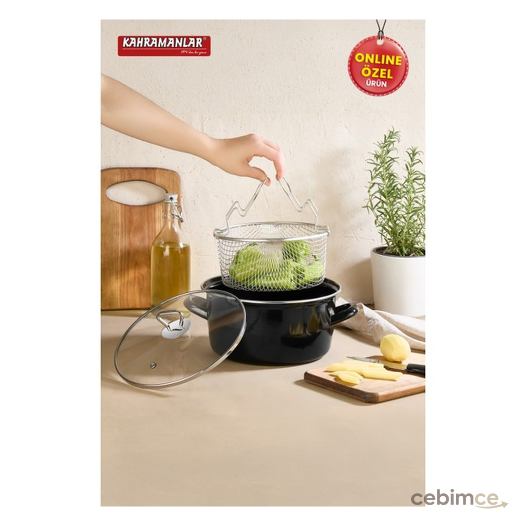 Kahramanlar Cips Chef 22 cm Emaye Kızartma Tenceresi Kolay Temizlik Sağlayan Siyah Cam Kapaklı
