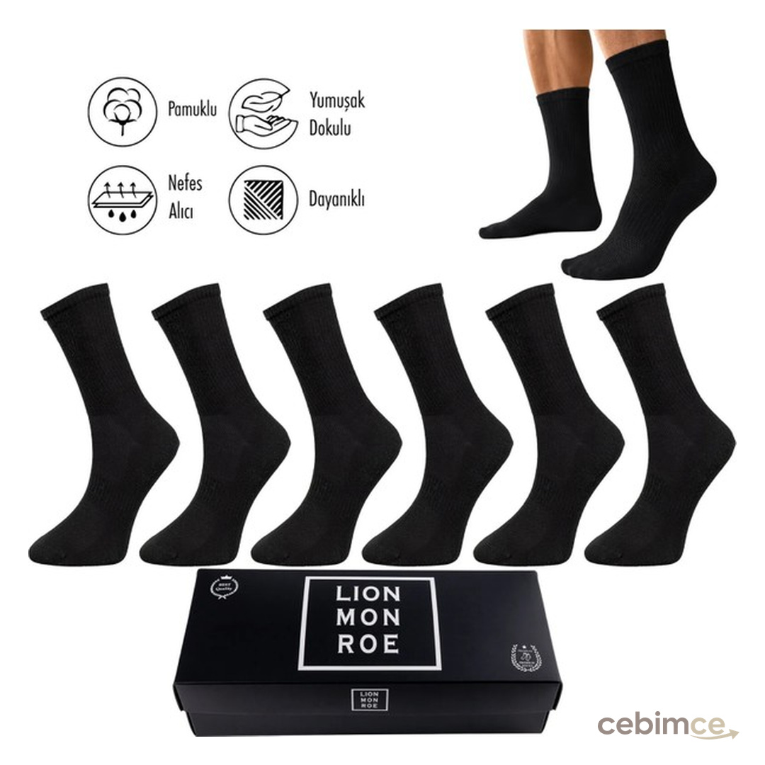 Lion Monroe Saf Pamuklu Erkek TENİS Uzun Düz Siyah Soket Çorap Dikişsiz Basic Penye Premium Hediye Kutulu 6'lı Prime Cotton Serisi L5952BZNS