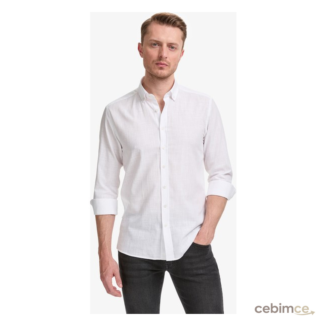 Pierre Cardin Erkek Beyaz %100 Pamuk Keten Görünümlü Slim Fit Uzun Kollu Gömlek 50325355-VR013