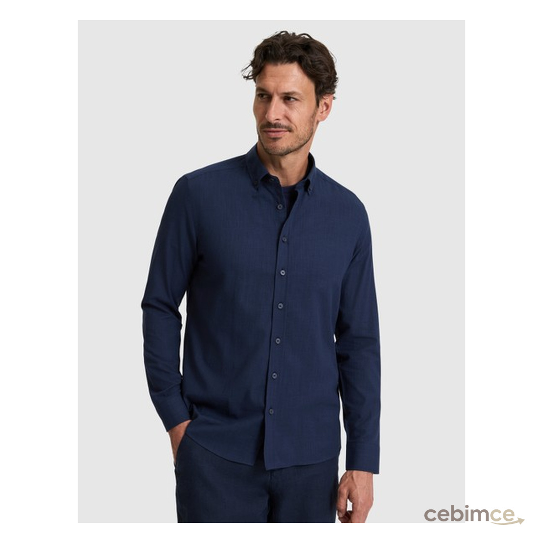Pierre Cardin Erkek Koyu Lacivert %100 Pamuk Keten Görünümlü Slim Fit Uzun Kollu Gömlek 50325355-VR100