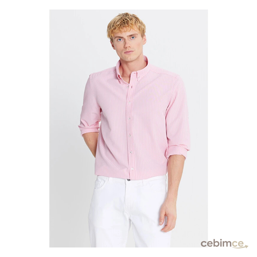 Altınyıldız Classics Erkek Pembe Tailored Slim Fit Dar Kesim Düğmeli Yaka Gofre Desenli Gömlek