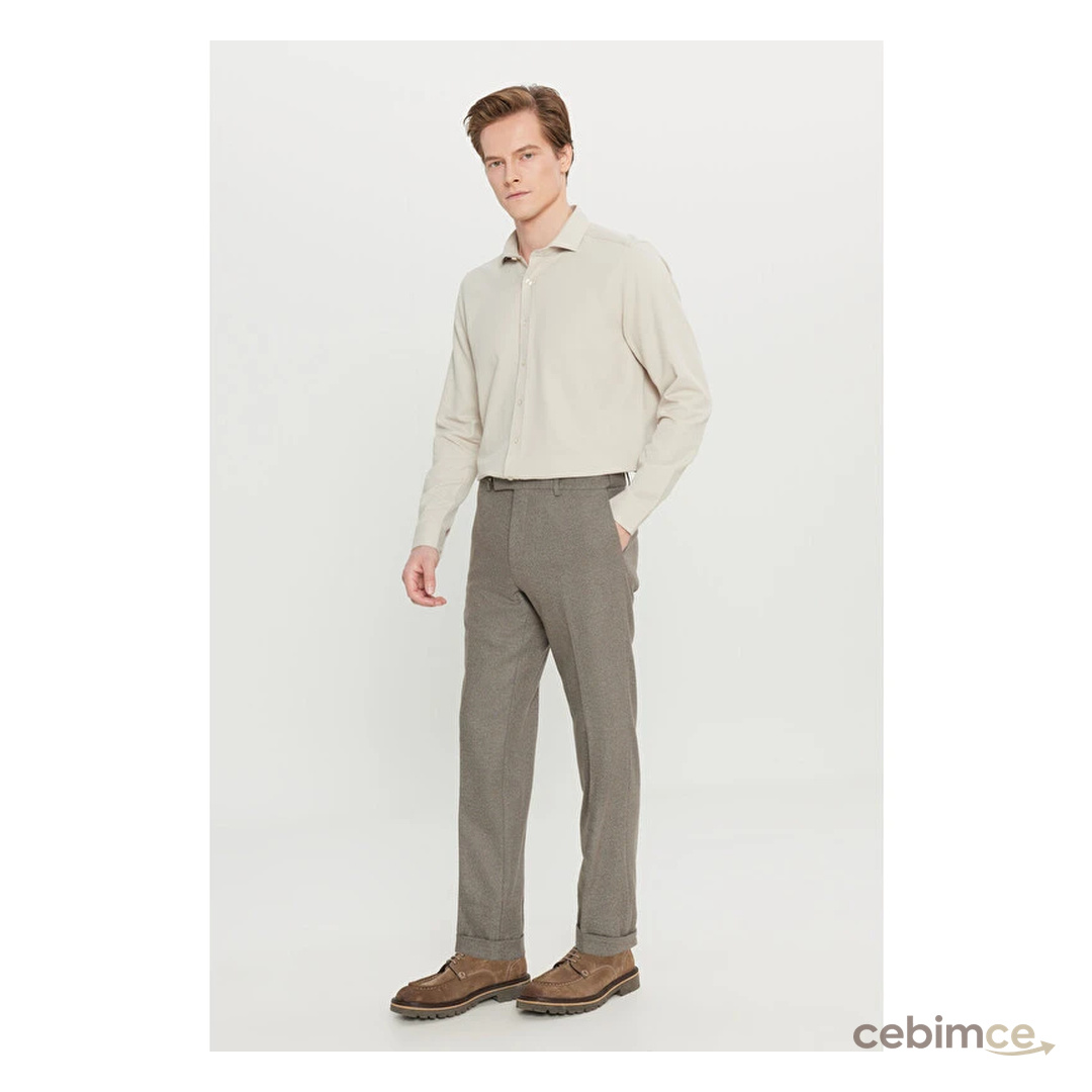 Altınyıldız Classics Erkek Vizon Slim Fit Beli Gizli Lastikli Diagonal Desenli Yan Cepli Esnek Klasik Pantolon
