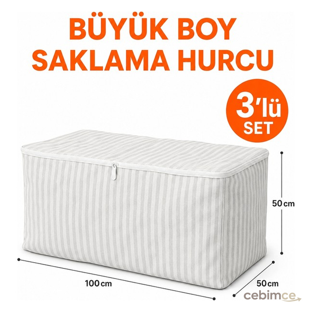 Arkhelais 3’lü Büyük Boy Saklama Hurç Seti Yorgan Battaniye Kıyafet İçin 100 cm x 50 cm Organizer