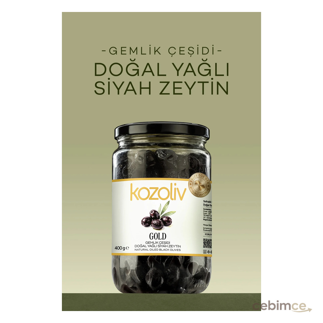 kozoliv Doğal Gemlik Çeşidi Yağlı Siyah Zeytin 400 gr Cam Kavanoz