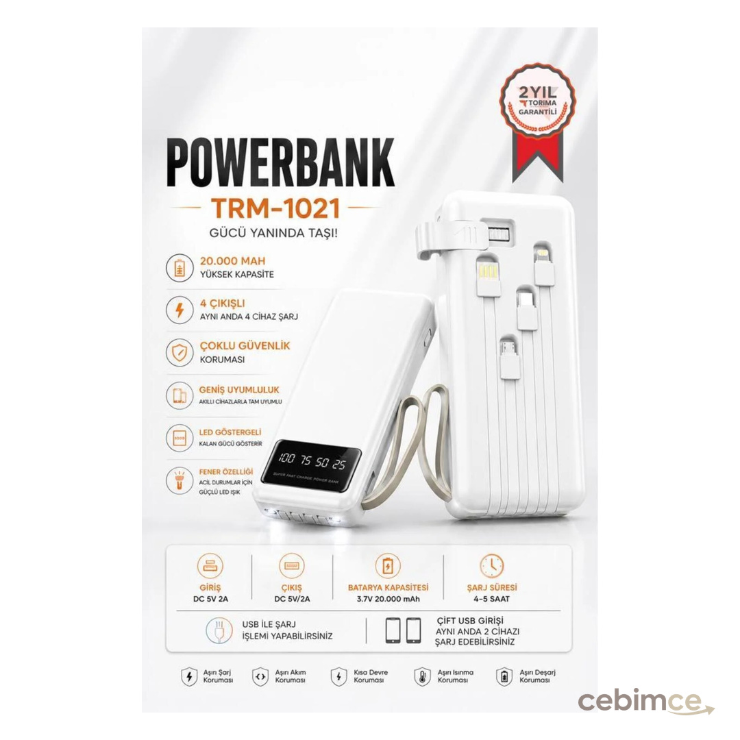Torima Taşınabilir Batarya 20000 Mah Ledli 4 Çıkışlı Powerbank TRM-1021 Beyaz