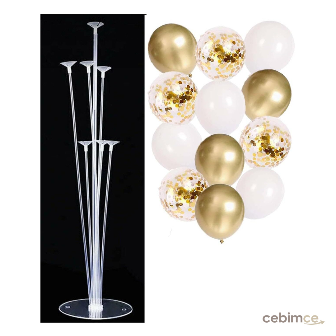 10 Adet 12 İnç Balon ve Balon Standı (Gold Beyaz)