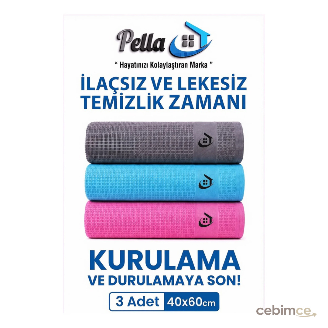 pella Active Çamaşır Suyu Ile Kullanılabilen Tek Mikrofiber 3'lü Temizlik Bezi (40X60) Büyük Boy