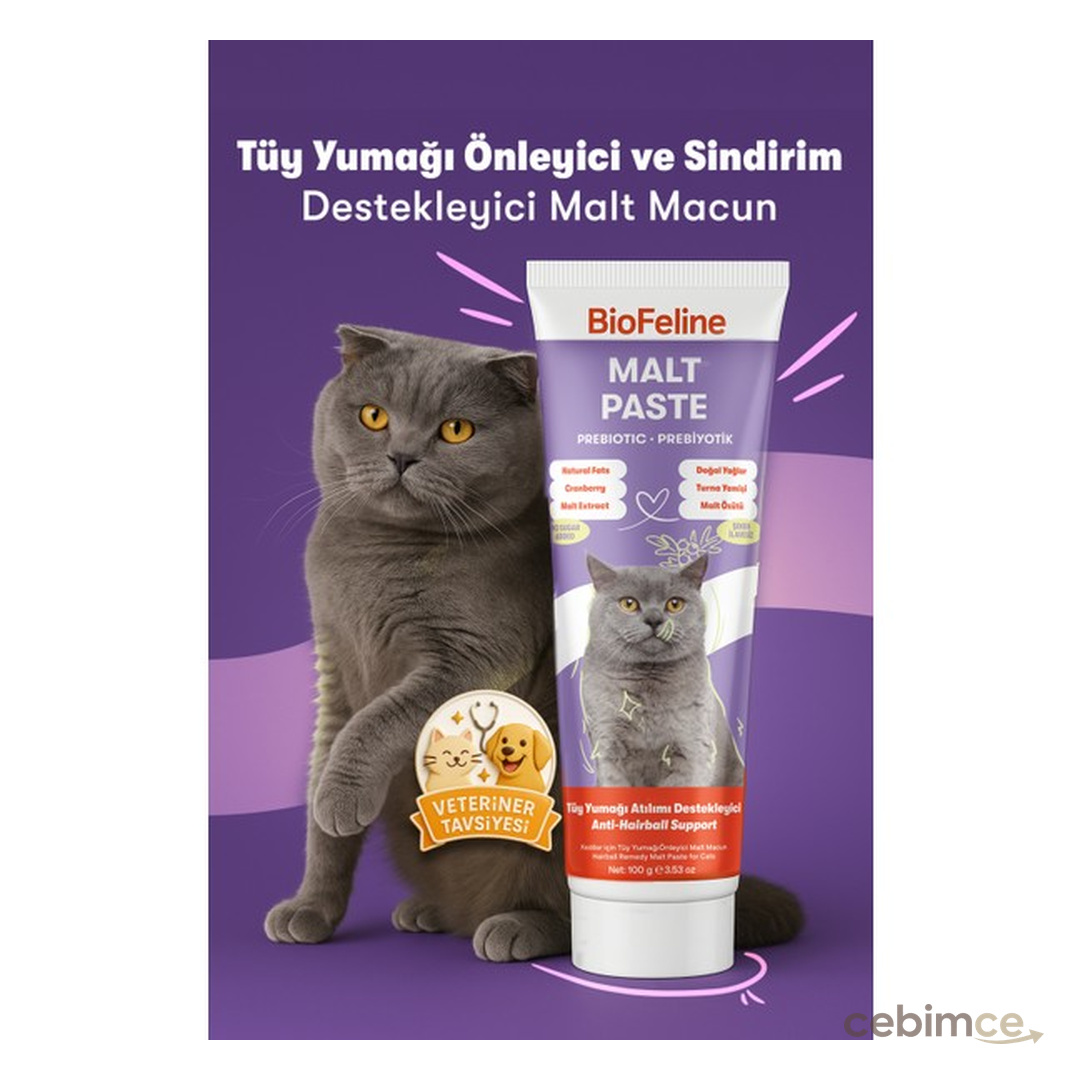 Biofeline Kedi Malt Macunu 100 g Malt Aromalı Şekersiz Doğal Yetişkin ve Yavru Kedilere Özel