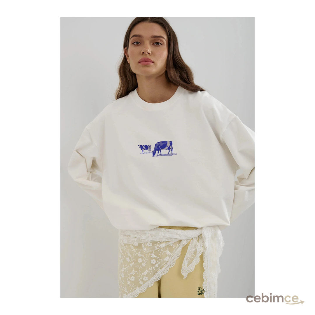 Jose Clothing Beyaz Baskılı Tesettüre Uygun Uzun Kollu Pamuklu Tişört
