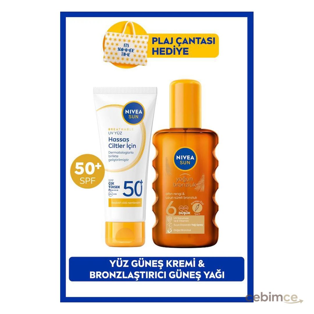 SUN SPF50+ Güneş Koruyucu Yüz Kremi 40ml ve Bronzlaştırıcı Güneş Yağı 200ml, Plaj Çantası Hediye