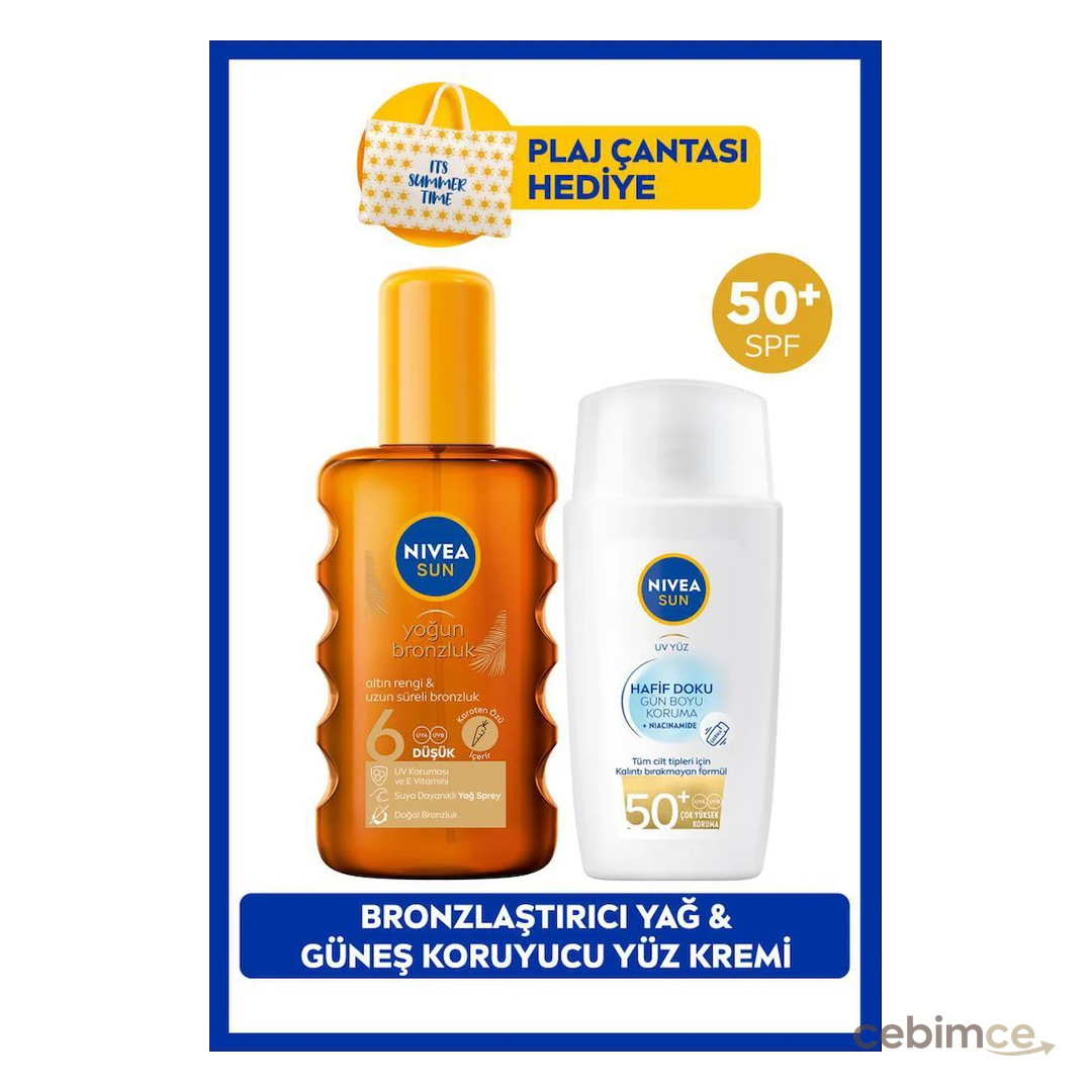 SUN SPF50+ Hafif Dokulu Güneş Koruyucu Yüz Kremi 40ml ve Bronzlaştırıcı Güneş Yağı, Çanta Hediye