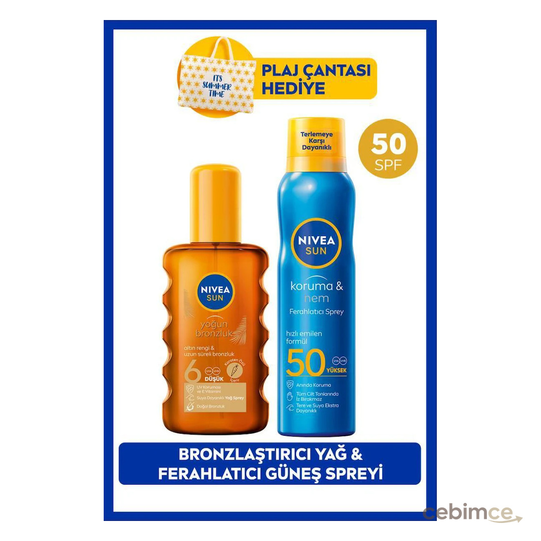 SUN SPF50 Ferahlatıcı Güneş Koruyucu Sprey 200ml ve Bronzlaştırıcı Güneş Yağı 200ml, Çanta Hediye