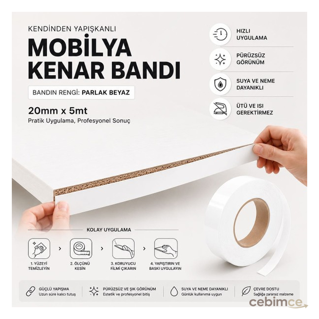 Karapolat Yapı Kendinden Yapışkanlı Mobilya Kenar Bandı Parlak Beyaz Pvc Dekoratif Bant Ütü Gerektirmez