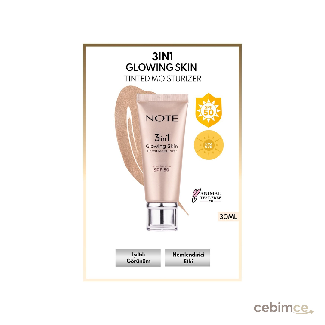 Note Cosmetique 3 in 1 Glowing Skin Tinted Moisturizer 50 SPF Işıltılı Aydınlatıcı Krem