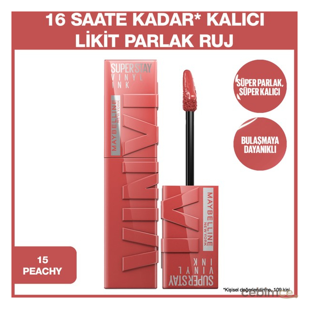 Maybelline New York Super Stay Vinyl Ink Uzun Süre Kalıcı Şeftali Tonlu Likit Parlak Ruj 15 Peachy