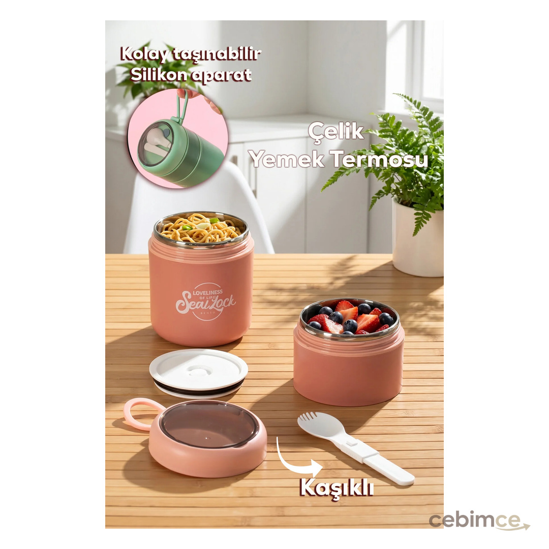 Porsima 66720 Yemek Termosu Çelik Yemek Termosu Lunch Box Taşınabilir Yemek Kabı Termos -Pembe