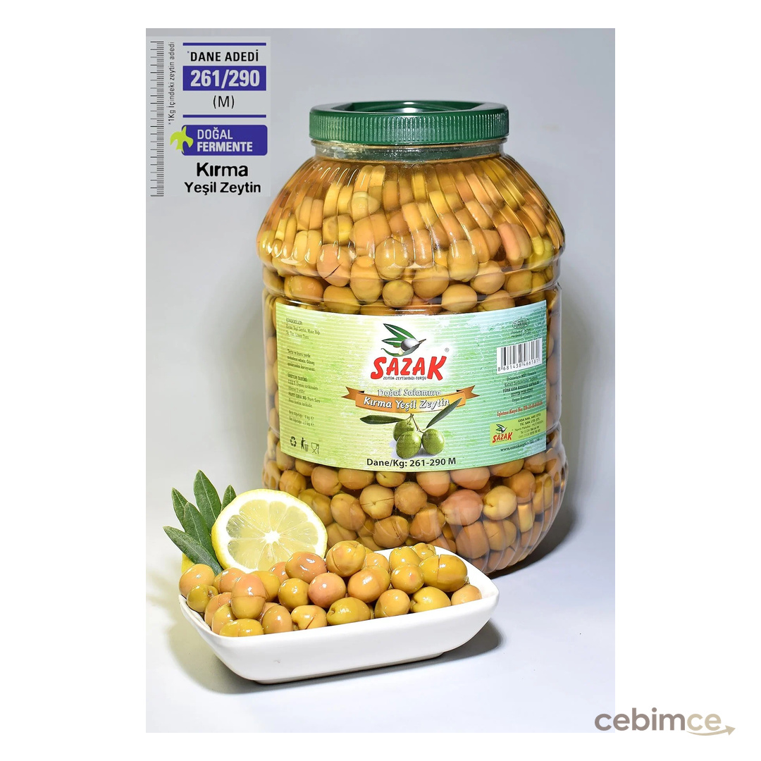 sazak zeytin zeytinyağı Yeşil Kırma Zeytin Iri Tane 5lt Pet Net 3.3 Kg ( 261-290 M Kalibre)