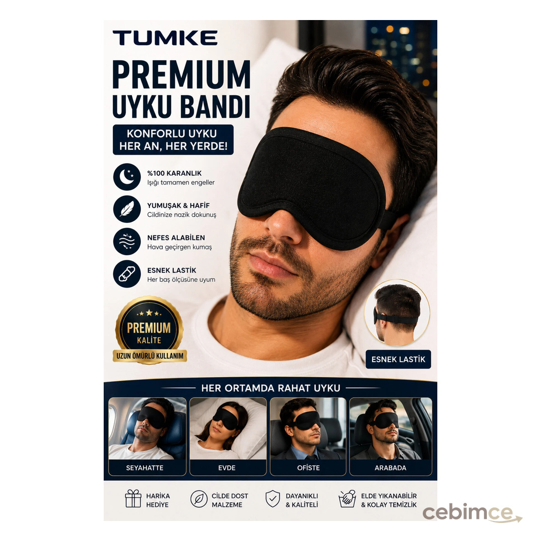 TUMKE Uyku Bandı Işık Geçirmez Siyah Yumuşak Kumaş Uyku Maskesi Göz Bandı Göz Maskesi