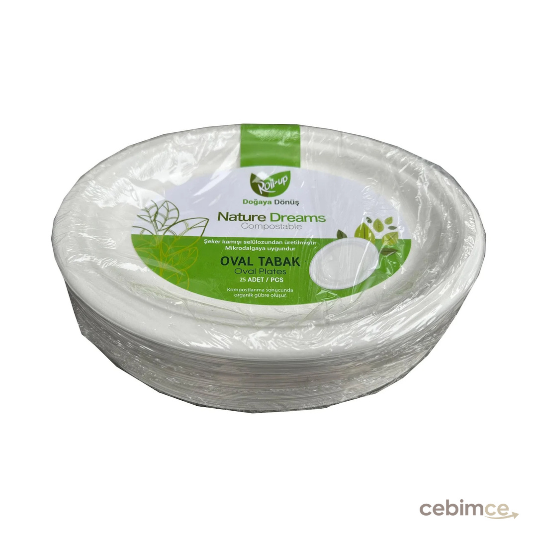 Roll-Up Nature Ekolojik Karton Kağıt Tek Kullanımlık Oval Tabak - 20x26 Cm. - 25 Adetlik 1 Paket