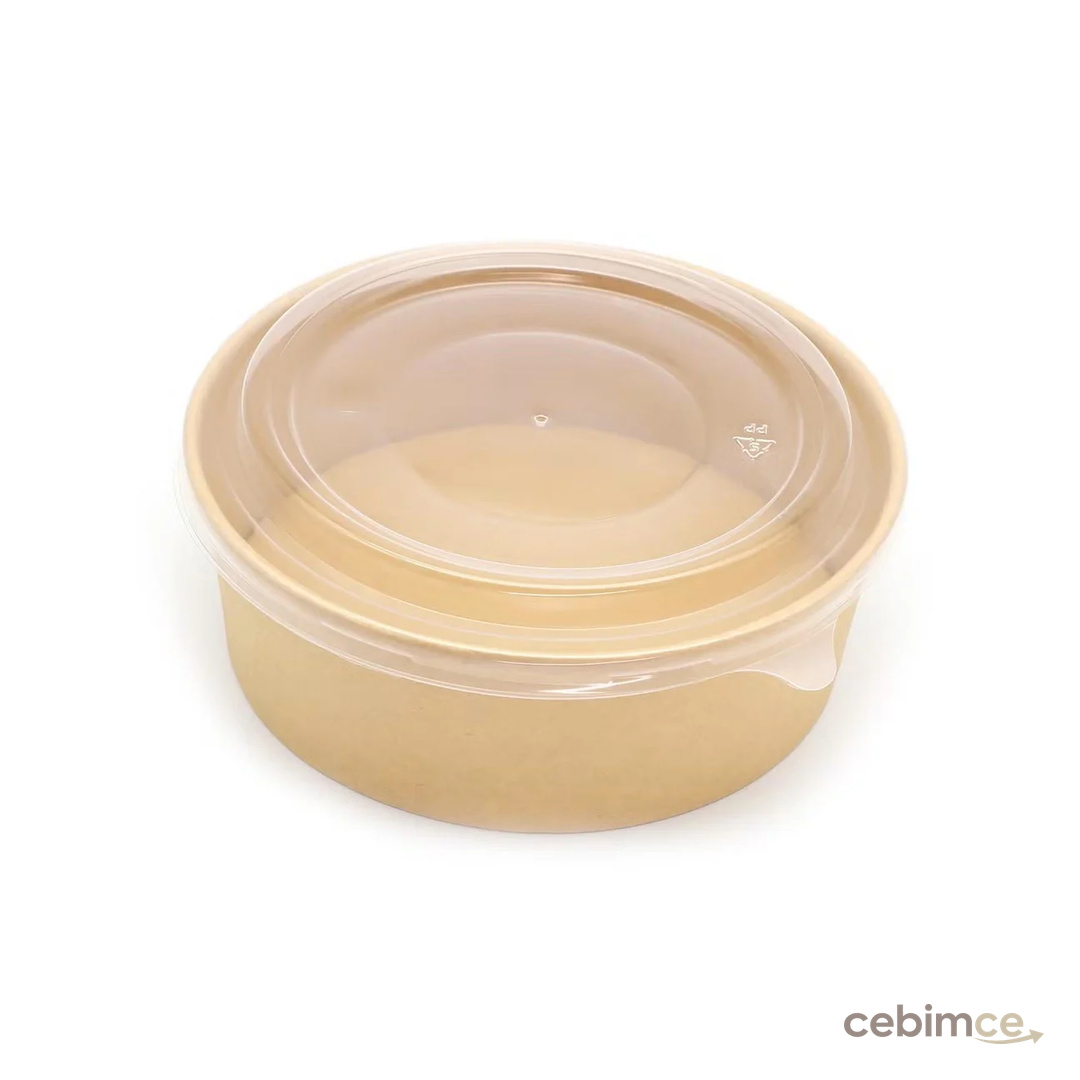 Omeyva Yuvarlak Şeffaf Kapaklı Kağıt Karton Kraft Salata Yemek Kabı Kase- 20 Oz - 590 Ml. - 10 Adet