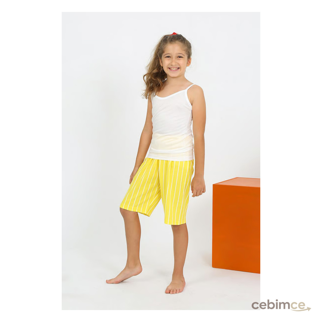 Akbeniz Kız Çocuk İp Askılı Şortlu Penye Beyaz Pijama Takım 20430