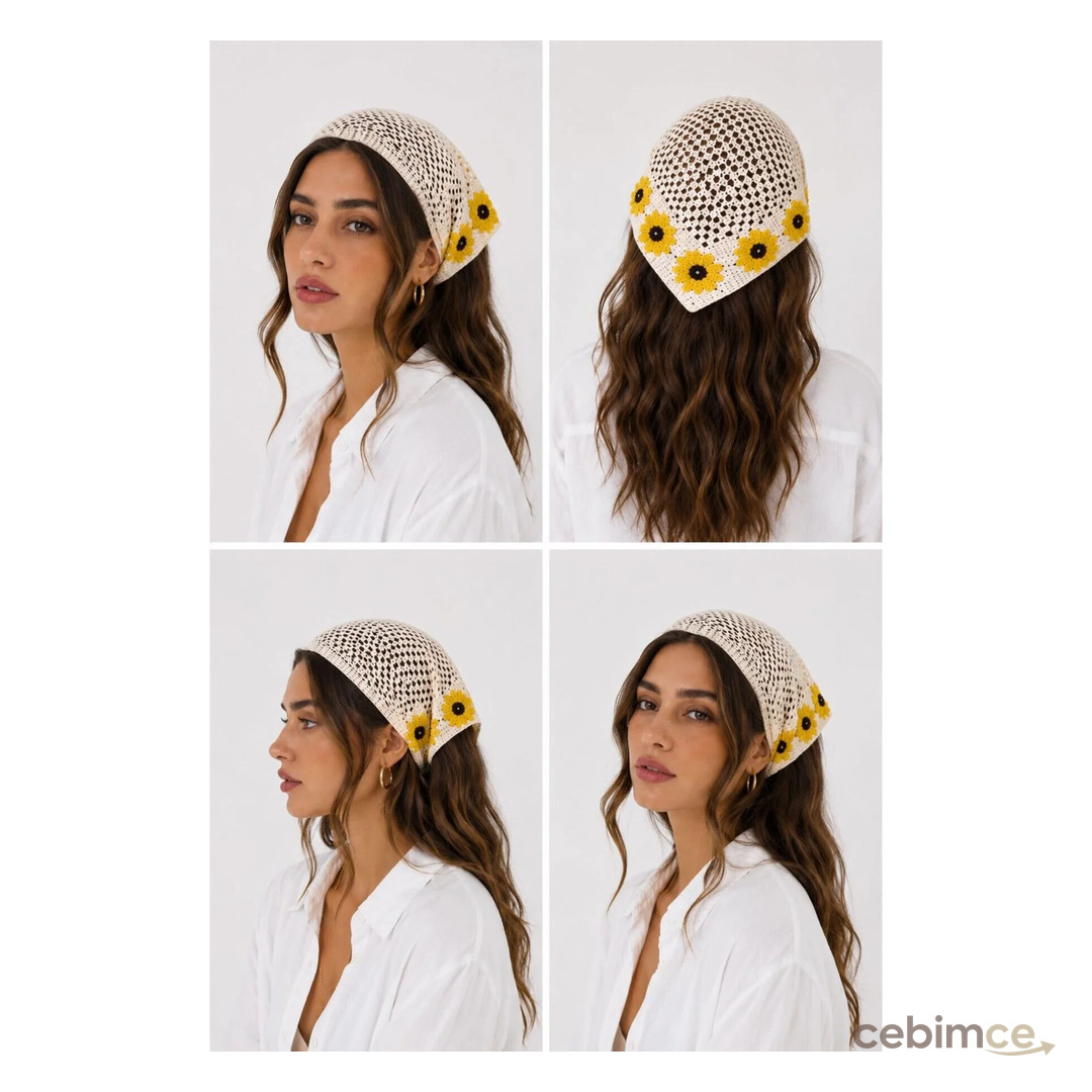 SEVMİŞ HOME Kadın Örgü Bandana Çiçek Motifli Yazlık Bohem Saç Bandanası