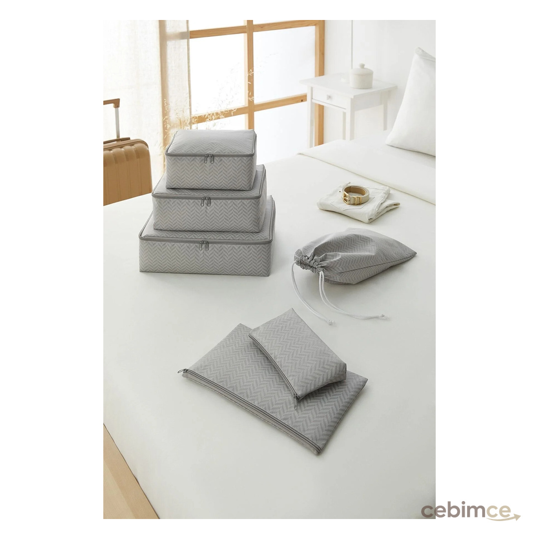 Ocean Home Textile 6'lı Gri Balıksırtı Valiz Düzenleyici Bavul Içi Organizer Set, Seyahat Hurcu