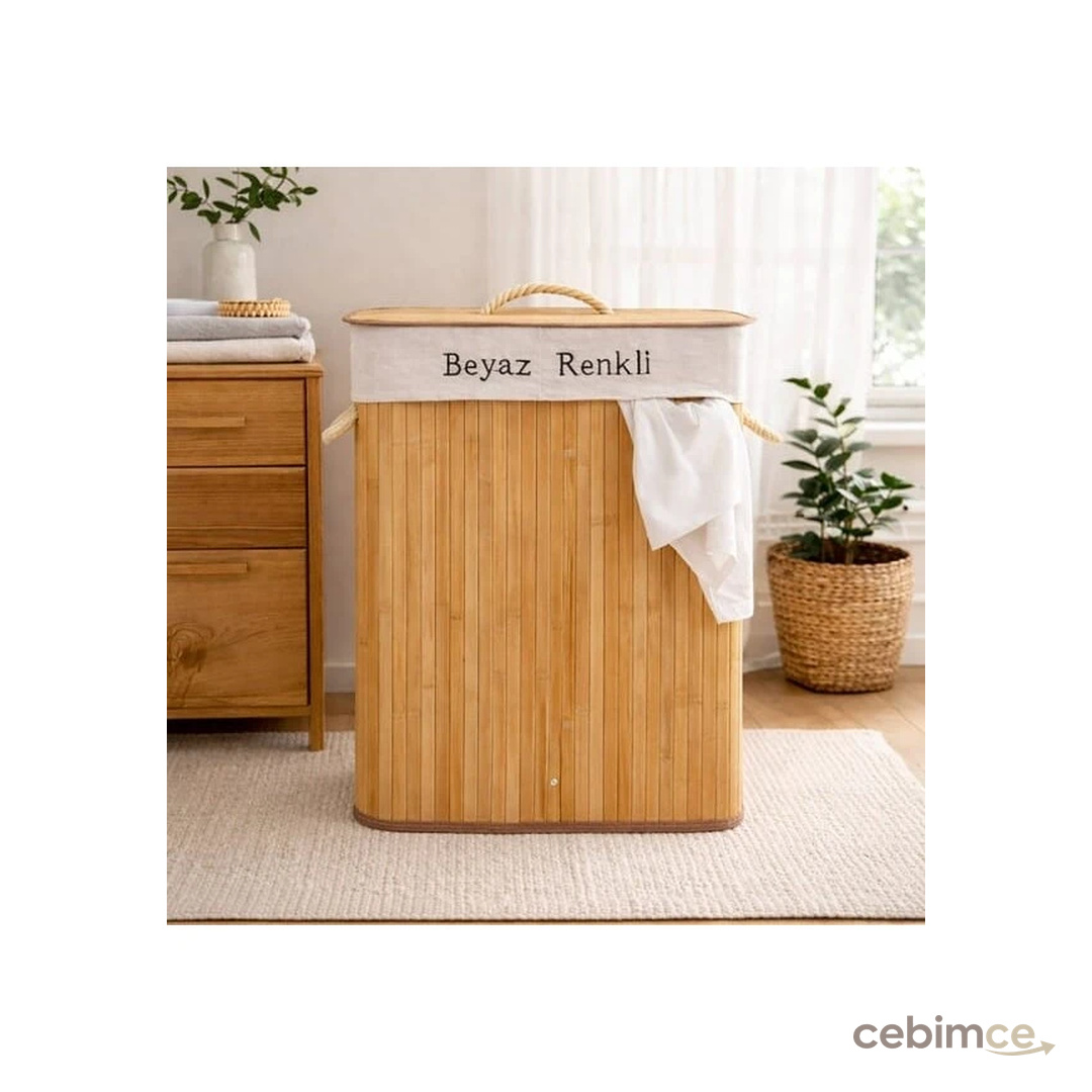 Simple Living Bambu Çift Hazneli Örme Çamaşır Sepeti - Bej - 80 lt