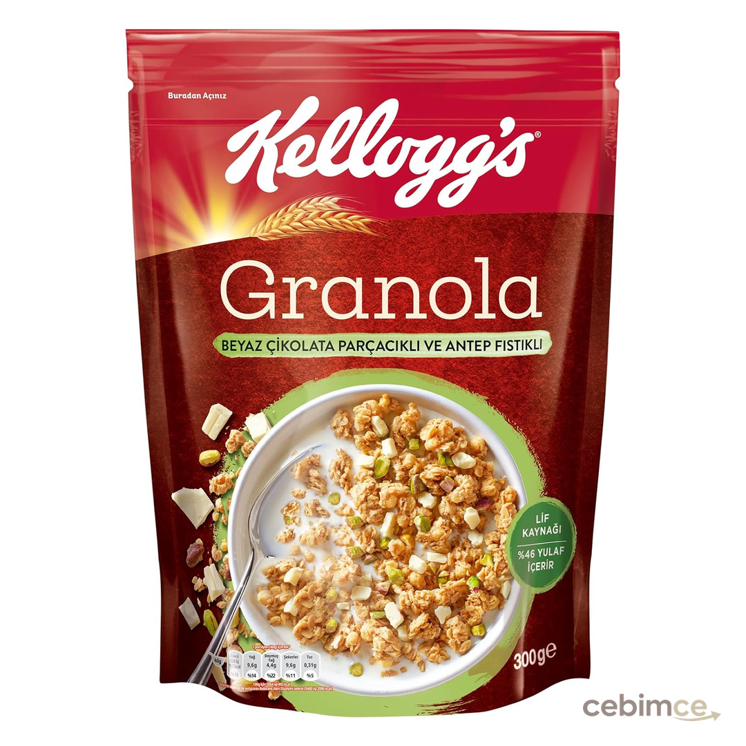 Kellogg's Granola Beyaz Çikolatali & Antep Fıstikli 300 Gr,%46 Yulaf içerir,Lif Kaynağı,Antioksidan içerir,Kahvaltılık Gevrek,Müsli