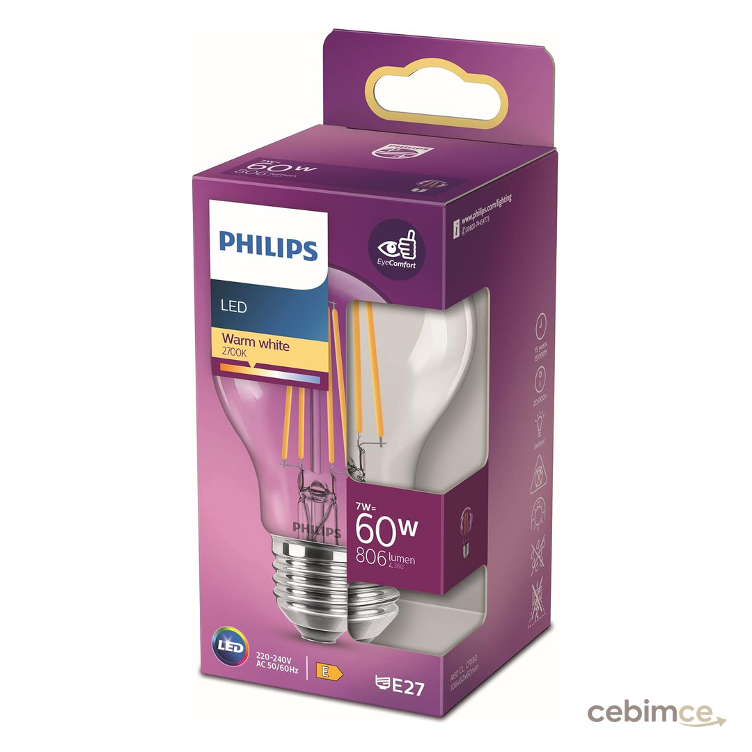 Philips LED Classic 60W A60 E27 Non-Dim 2700K Sarı Işık LED Filament Ampul