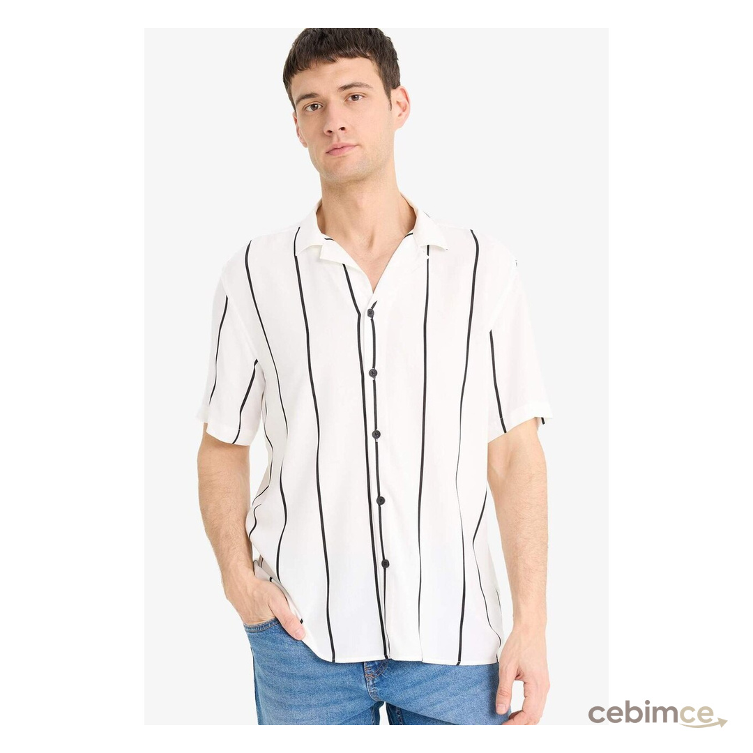 DeFacto Regular Fit Apaş Yaka Çizgili Yazlık Kısa Kollu Gömlek E2559AX25SMWT34