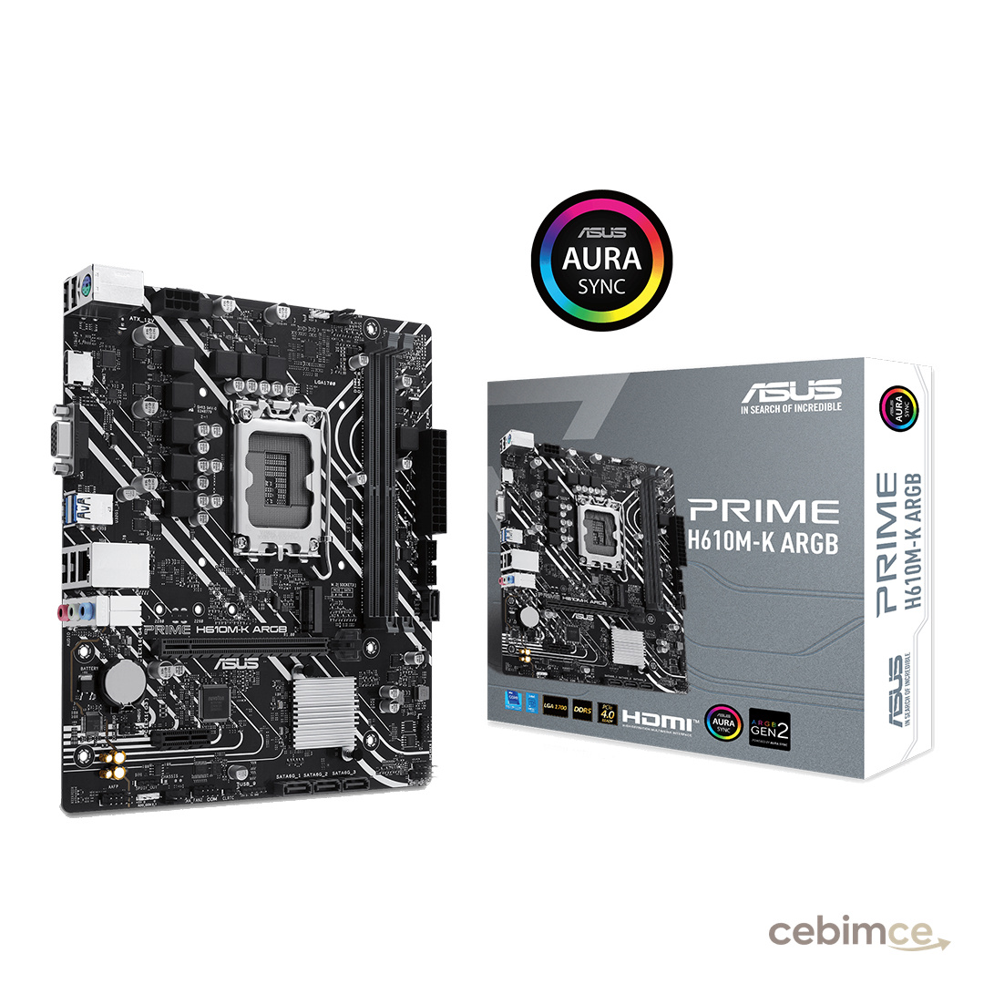 ASUS Prime H610M-K ARGB Intel 2 X DIMM SLOTS Max. 96GB DDR5 1XVGA+ 1XHDMI 1X1 X M.2 Anakart