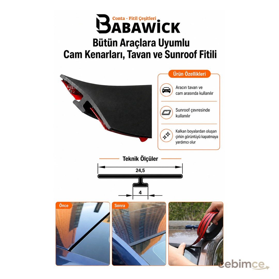 BABAWİCK Bütün Araçlara Uyumlu Cam Kenarları, Tavan ve Sunroof Fitili 1 Metre 24mm