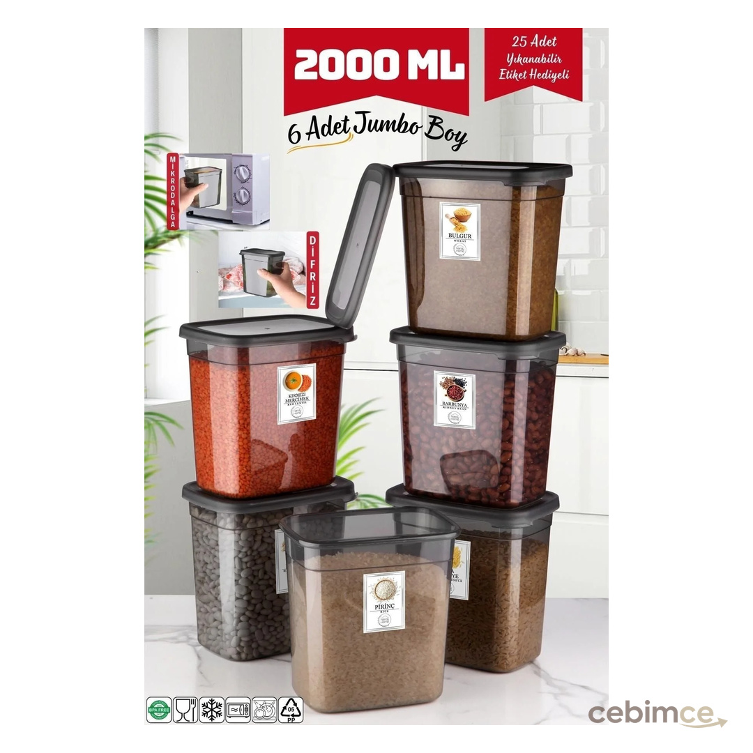 Nandy Home 6 Adet Jumbo Boy Dikdörtgen Saklama Kabı 2000 Ml Antrasit