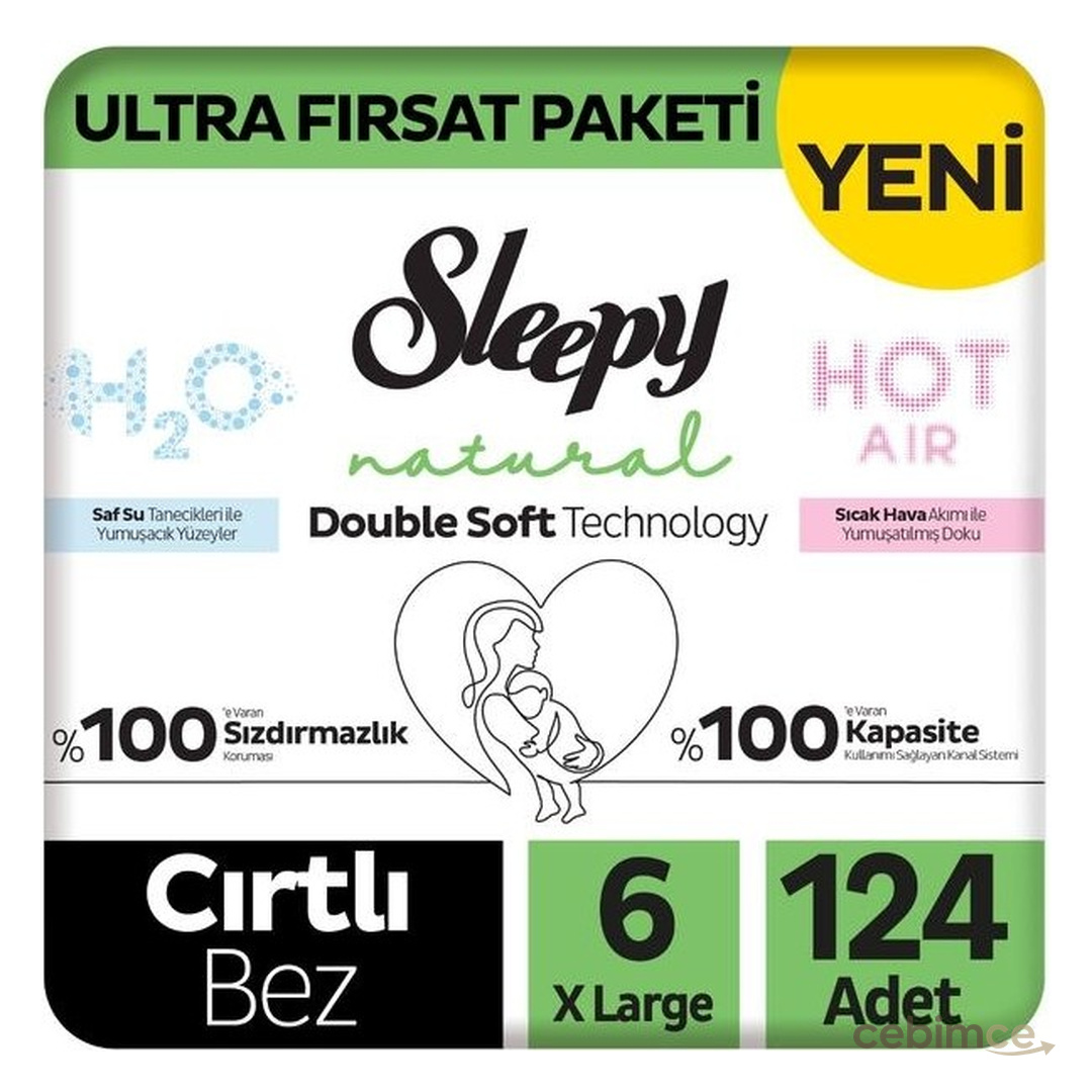 Sleepy Natural Double Soft Ultra Fırsat Paketi Bebek Bezi 6 Numara Xlarge 124 Adet