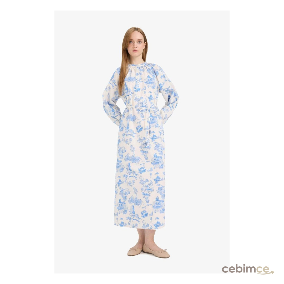Defacto Relax Fit Bisiklet Yaka Çiçekli Poplin Bağcıklı Uzun Kollu Maxi Elbise F4554ax25hsbe751 Mavi