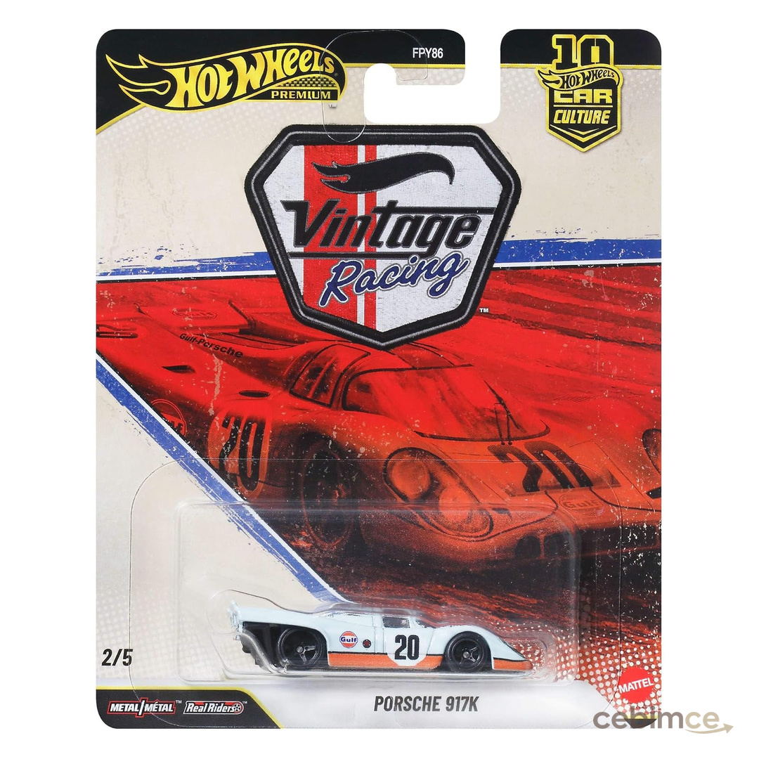 Hot Wheels Car Culture 1:64 ölçekli premium metal oyuncak, Porsche 917 K, Real Riders tekerlekler, Metal/Metal gövde ve şasi, Vintage Temalı Arabalar, JKF03