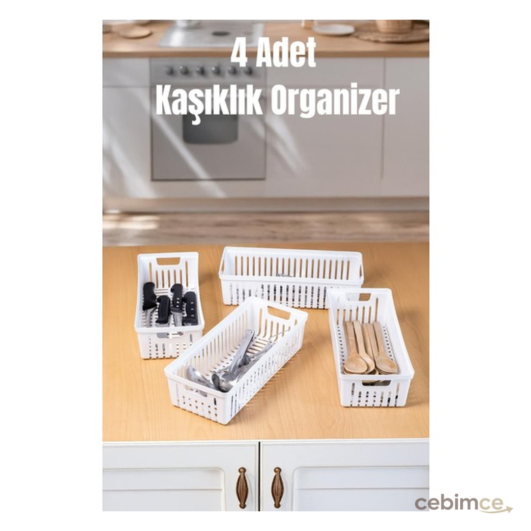 Bambus Home 4’lü Beyaz Mutfak Çekmece Içi Düzenleyici – Kaşık Çatal Bıçak Bardak Organizeri, Plastik Düzenleme Kutusu