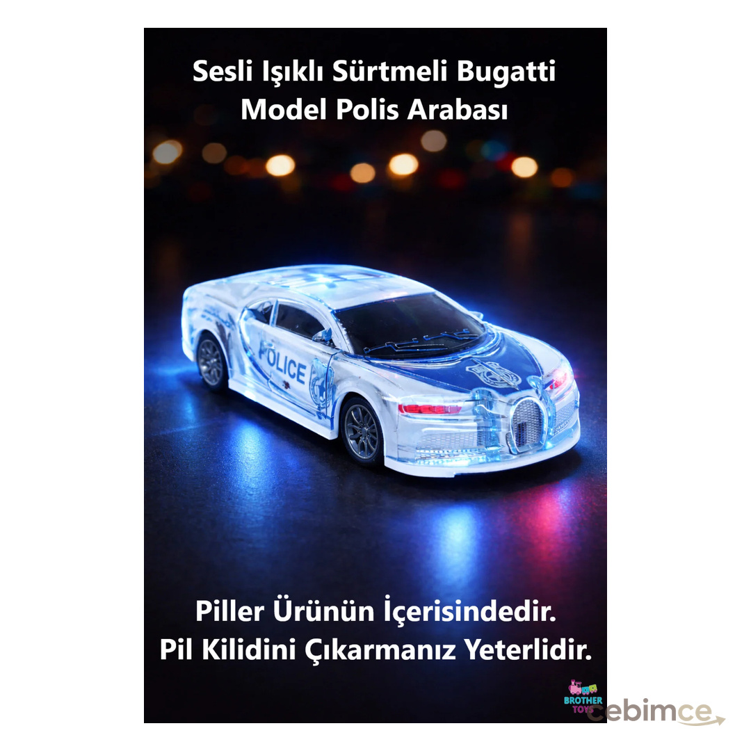 Brother Toys Kırılmaz Korumalı Sesli Işıklı Müzikli Sürtmeli Oyuncak Bugatti Model Polis Arabası