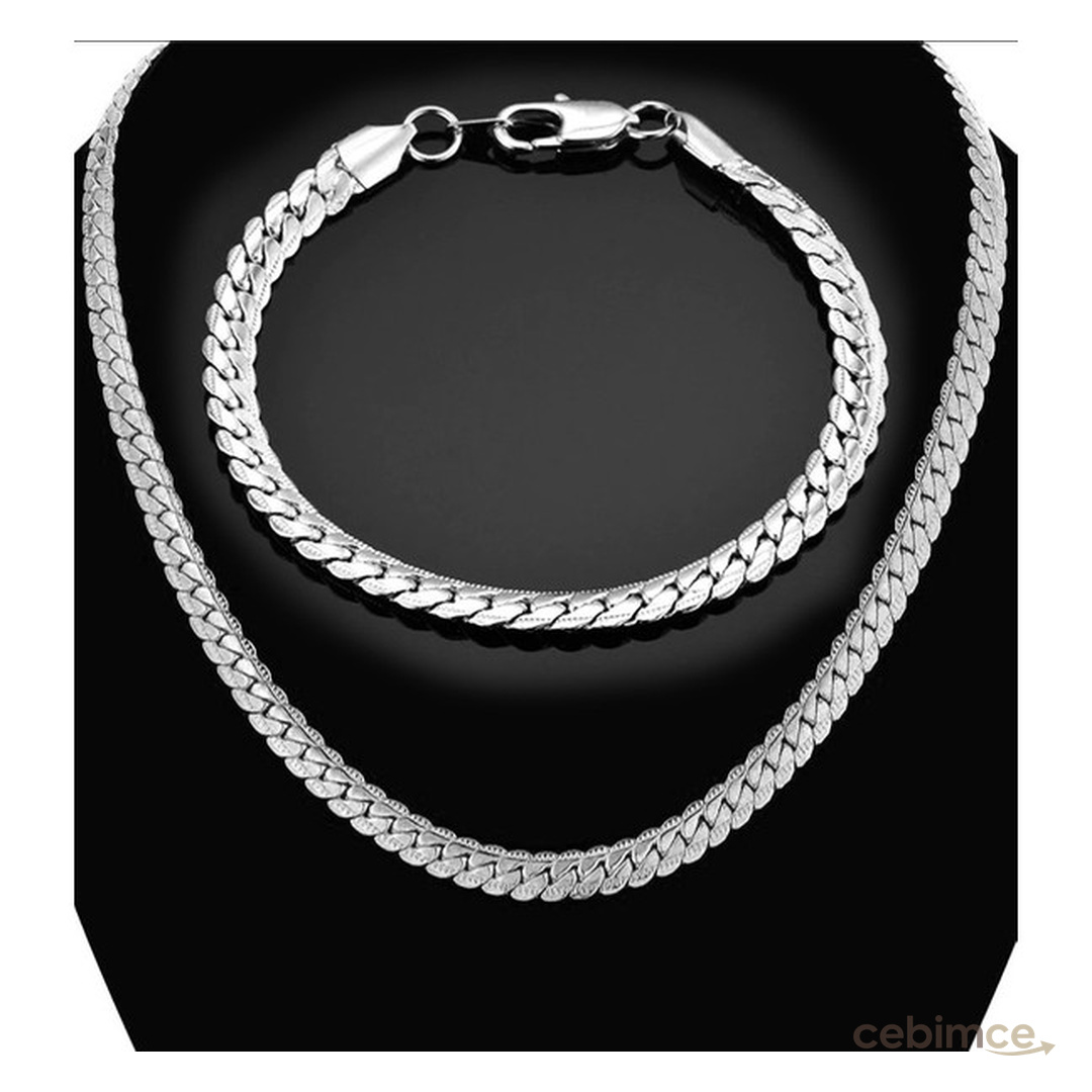 Takı Dükkanı Silver Ezme Yassı Yılan Çelik Unisex Kolye ve Bileklik Seti ECK36S
