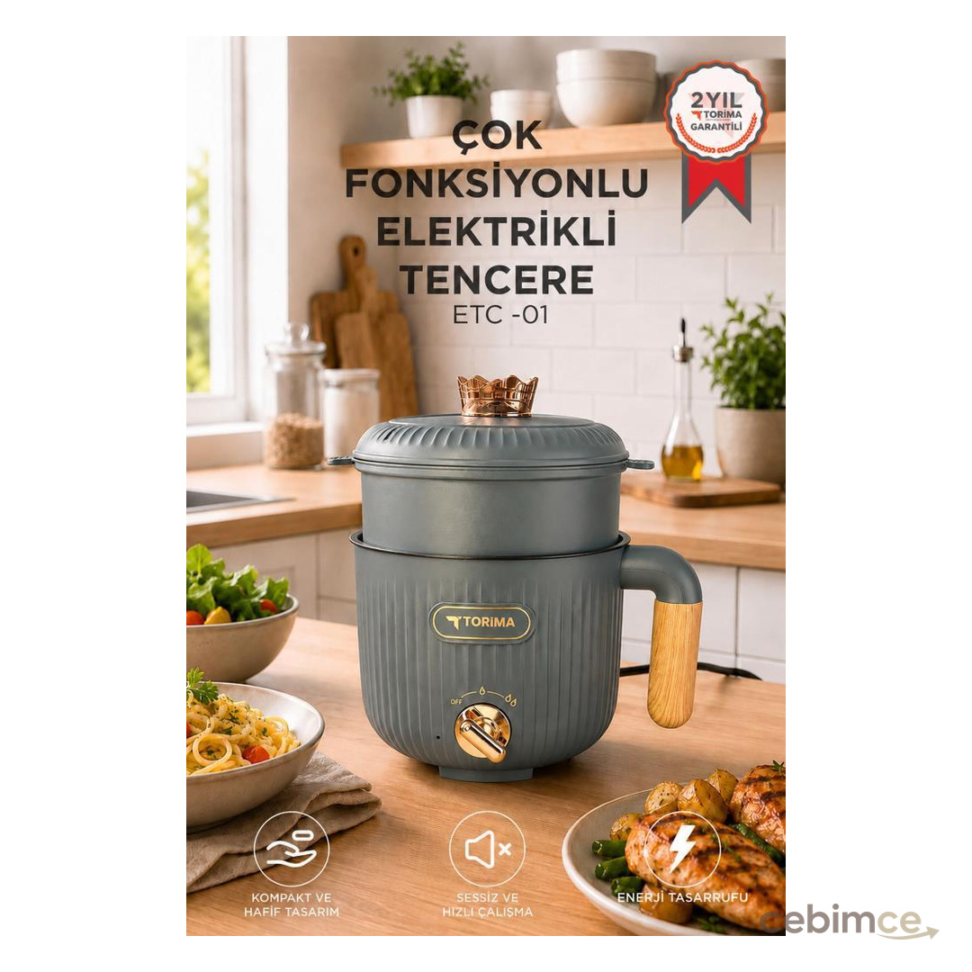 TORIMA ETC01 Çok Fonksiyonlu Elektrikli Tencere 1.6 l Buharlı Yağda Pilav Yemek Pişirme Makinesi Antrasit